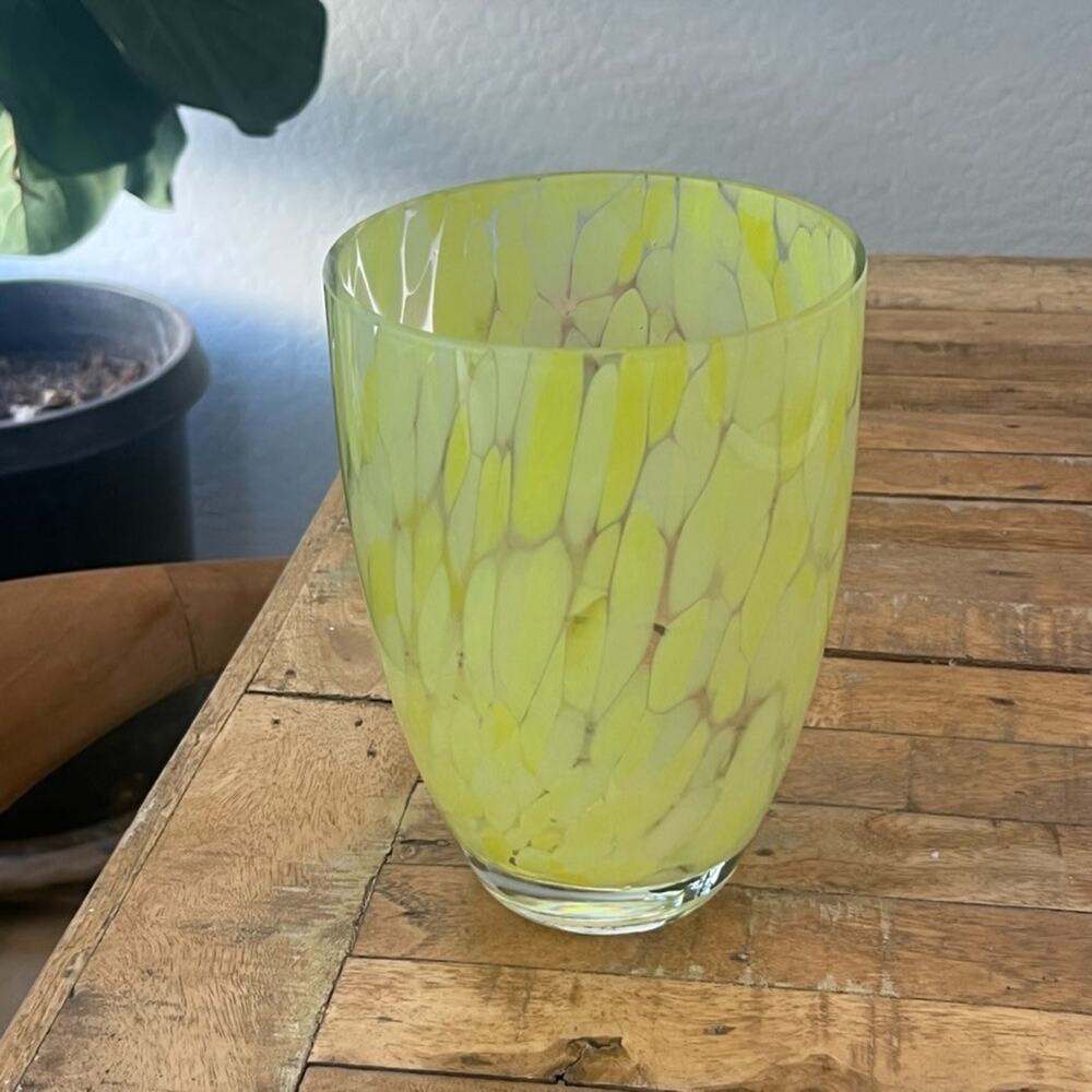 Studio Art Hand-blown Glass Yellow Spotted Oval Vase 8.5" Tall